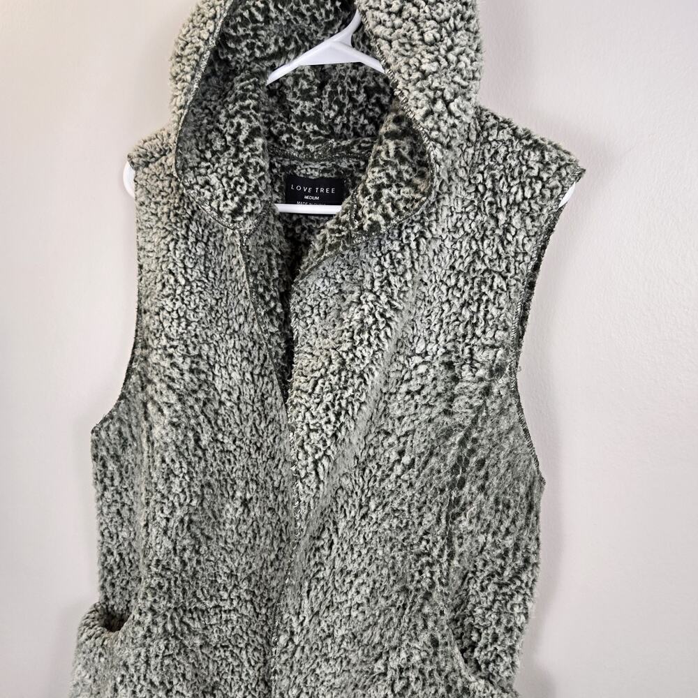 Love Tree Faux Fur Teddy Bear Hooded Vest Womens MED Olive Green Open Front Boho - Picture 2 of 8